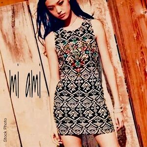 MI AMI Open-Back Embroidered Blue White Patterned Dress (S)